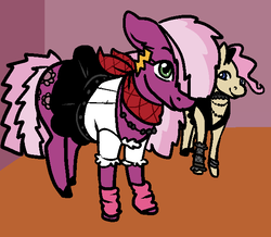 Size: 600x524 | Tagged: safe, artist:/d/non, cheerilee, mayor mare, earth pony, pony, g4, 80s, 80s cheerilee, 80s mayor mare, alternate hairstyle, arm warmers, bow, clothes, dress, duo, duo female, ear piercing, earring, female, fishnet stockings, jewelry, leg warmers, mare, neckerchief, necklace, non-dyed mayor, piercing, skirt