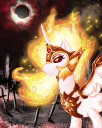 Size: 2800x3500 | Tagged: safe, artist:gab0o0, daybreaker, alicorn, pony, a royal problem, g4, crossover, dark souls, eclipse, evil smile, female, grin, high res, smiling, solo