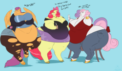 Size: 4841x2817 | Tagged: safe, artist:boxgoat, apple bloom, scootaloo, sweetie belle, earth pony, anthro, g4, alternate hairstyle, apple blob, bbw, bingo wings, cutie mark crusaders, dialogue, fat, high res, impossibly wide hips, morbidly obese, obese, older, scootalard, smoking, ssbbw, stretch mark crusaders, sweetie belly, wide hips