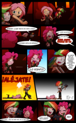 Size: 1024x1638 | Tagged: safe, artist:fj-c, fluttershy, pinkie pie, rainbow dash, human, equestria girls, g4, armpits, belly button, clothes, comic, dialogue, fantasy equestria, fight, humanized, midriff, spanish, sword, weapon