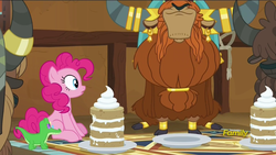 Size: 1920x1080 | Tagged: safe, screencap, gummy, pinkie pie, prince rutherford, pony, yak, not asking for trouble, cake, cloven hooves, discovery family logo, female, food, male, sitting