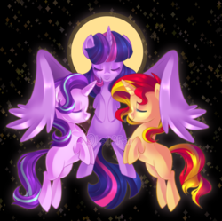Size: 2388x2380 | Tagged: safe, artist:drawntildawn, starlight glimmer, sunset shimmer, twilight sparkle, alicorn, pony, unicorn, g4, counterparts, eyes closed, high res, twilight sparkle (alicorn), twilight's counterparts, watermark