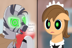 Size: 1200x800 | Tagged: source needed, safe, artist:mightyshockwave, oc, oc only, oc:tsavo, oc:zippersnap, zebra, clothes, dilated pupils, imminent hypnosis, maid, mind control, swirly eyes