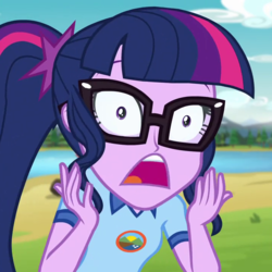 Size: 720x720 | Tagged: safe, screencap, sci-twi, twilight sparkle, equestria girls, g4, legend of everfree, camp everfree outfits, cropped, faic, female, glasses, open mouth, reaction image, solo