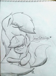 Size: 2684x3618 | Tagged: safe, artist:php142, oc, oc only, oc:purple flix, pony, eyes closed, father and son, father's day, heart, high res, hug, love, male, monochrome, smiling, traditional art