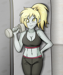 Size: 2952x3507 | Tagged: safe, artist:sumin6301, derpy hooves, equestria girls, g4, abs, belly button, breasts, busty derpy hooves, clothes, female, high res, looking at you, midriff, pants, ponytail, smiling, solo, sports bra, sweatpants, weight lifting, weights