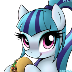 Size: 1284x1284 | Tagged: safe, artist:yorozpony, sonata dusk, earth pony, pony, g4, blue eyeshadow, equestria girls ponified, eyeshadow, female, food, licking, licking lips, makeup, mare, ponies eating meat, ponified, simple background, solo, sonataco, taco, that girl sure loves tacos, that pony sure does love tacos, that siren sure does love tacos, tongue out, white background