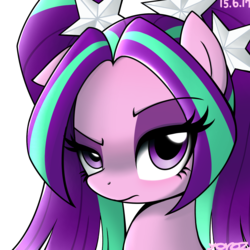 Size: 1284x1284 | Tagged: safe, artist:yorozpony, aria blaze, earth pony, pony, g4, ariabetes, bust, cute, equestria girls ponified, female, grumpy, looking at you, mare, ponified, portrait, simple background, solo