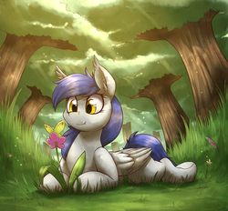 Size: 2199x2039 | Tagged: safe, artist:otakuap, oc, oc only, oc:gabriel, bat pony, butterfly, pony, crepuscular rays, fangs, flower, forest, grass, high res, prone, smiling, solo