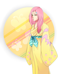 Size: 1500x1900 | Tagged: safe, artist:kristallone, fluttershy, human, g4, alternate hairstyle, clothes, female, humanized, kimono (clothing), solo