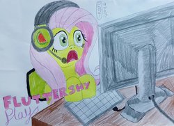 Size: 1049x761 | Tagged: safe, artist:dncsamsonart, fluttershy, pegasus, pony, g4, computer, female, headphones, mare, open mouth, solo, traditional art