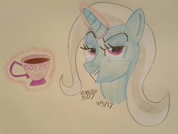 Size: 1027x777 | Tagged: safe, artist:dncsamsonart, trixie, pony, unicorn, g4, bust, cup, female, grin, mare, no second glances, smiling, smirk, solo, teacup, that pony sure does love teacups, traditional art