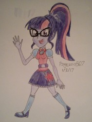Size: 1064x1404 | Tagged: safe, artist:dncsamsonart, sci-twi, twilight sparkle, equestria girls, g4, belt, clothes, cute, female, glasses, high heels, mary janes, ponytail, sci-twi outfits, shoes, skirt, socks, solo, traditional art