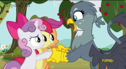 Size: 854x470 | Tagged: safe, screencap, apple bloom, gabby, scootaloo, sweetie belle, earth pony, griffon, pegasus, pony, unicorn, g4, the fault in our cutie marks, animated, cutie mark crusaders, derp, discovery family logo, dizzy, eyes closed, female, gif, hoofshake, scrunchy face, wavy mouth