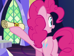 Size: 948x719 | Tagged: safe, screencap, pinkie pie, earth pony, pony, g4, not asking for trouble, butt, cropped, female, mare, open mouth, plot, scroll, solo