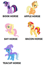 Size: 658x962 | Tagged: safe, applejack, fluttershy, sunset shimmer, trixie, twilight sparkle, earth pony, horse, pegasus, pony, unicorn, g4, apple, applejack's hat, bacon hair, bookhorse, cape, clothes, cowboy hat, flying, hat, nickname, raised hoof, smiling, spread wings, that pony sure does love apples, that pony sure does love books, that pony sure does love teacups, trixie's cape, trixie's hat, unicorn twilight, wings