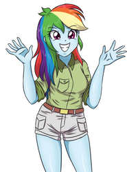 Size: 2598x3507 | Tagged: safe, artist:sumin6301, rainbow dash, equestria girls, g4, clothes, female, grin, high res, multicolored hair, shorts, simple background, smiling, solo, white background