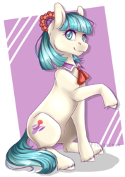 Size: 2893x4092 | Tagged: safe, artist:pillonchou, coco pommel, earth pony, pony, g4, cute, female, high res, looking at you, mare, raised hoof, simple background, sitting, smiling, solo, unshorn fetlocks