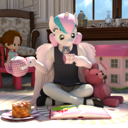 Size: 1500x1500 | Tagged: safe, artist:tahublade7, princess flurry heart, alicorn, anthro, plantigrade anthro, g4, 3d, book, cake, clothes, cup, cute, doll, dollhouse, female, flurrybetes, food, legs, mary janes, panties, pantyhose, polka dot underwear, skirt, skirt lift, solo, teacup, teapot, teddy bear, tights, toy, underwear, upskirt, white underwear