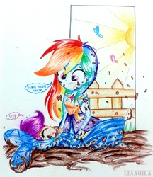 Size: 1920x2226 | Tagged: safe, artist:liaaqila, derpibooru exclusive, rainbow dash, scootaloo, equestria girls, for whom the sweetie belle toils, g4, make new friends but keep discord, clothes, commission, costume, crying, cute, dialogue, dirty, dress, gala dress, laughing, mud, rainbow dash always dresses in style, scootalove, simple background, speech bubble, tears of laughter, tickling, traditional art, white background