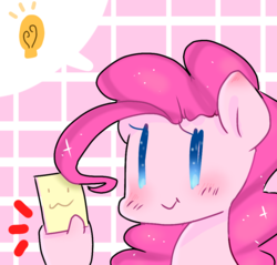 Size: 983x939 | Tagged: safe, artist:windymils, pinkie pie, earth pony, anthro, g4, blushing, female, lightbulb, mare, paper, smiling, solo, thought bubble