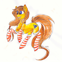 Size: 2076x2076 | Tagged: safe, artist:mici124, artist:micioutaki, oc, oc only, earth pony, pony, blue eyes, clothes, female, happy, high res, long mane, long tail, socks, solo, striped socks, traditional art, watercolor painting