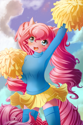 Size: 1200x1800 | Tagged: safe, artist:symbianl, pinkie pie, earth pony, anthro, g4, cheerleader, clothes, cloud, cute, diapinkes, female, looking at you, mare, moe, pom pom, skirt, skirt lift, sky, smiling, socks, solo, sweater, thigh highs, zettai ryouiki