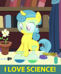 Size: 598x726 | Tagged: safe, edit, edited screencap, screencap, lemon hearts, pony, celestial advice, g4, caption, cropped, cute, discovery family logo, female, filly, science, text