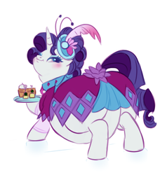 Size: 1453x1527 | Tagged: safe, artist:mellowhen, rarity, pony, unicorn, g4, blushing, butt, clothes, dress, fat, featureless crotch, female, food, gala dress, looking at you, looking back, looking back at you, mare, obese, plot, raritubby, rearity, solo