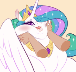 Size: 2069x1962 | Tagged: safe, artist:mellowhen, princess celestia, alicorn, human, pony, g4, blushing, bust, chubby cheeks, chubbylestia, disembodied hand, fat, female, hand, mare, obese, portrait, squishy cheeks