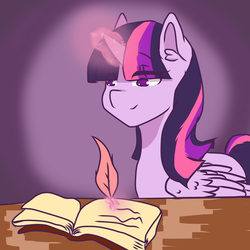 Size: 2479x2479 | Tagged: safe, artist:kenishra, twilight sparkle, alicorn, pony, g4, book, female, high res, levitation, magic, mare, quill, simple background, smiling, solo, telekinesis, twilight sparkle (alicorn), writing