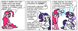 Size: 1466x588 | Tagged: safe, artist:gingerfoxy, pinkie pie, rarity, earth pony, pony, unicorn, pony comic generator, g4, clothes, comic, contemplating, creativity, crossed arms, element of generosity, fabulosity, frown, generosity, glowing, glowing horn, horn, inspiration, journey, key, keychain, looking down, looking up, magic, scarf, serious, stare, sunglasses, talking, telekinesis, thinking, truth, wondering, worried