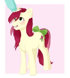 Size: 1944x2160 | Tagged: safe, artist:haru_s, roseluck, earth pony, pony, g4, bow, chest fluff, commissioner:doom9454, cute, ear fluff, female, fluffy, hand, mare, offscreen character, petting, pony pet, rosepet, solo focus, standing, tail bow