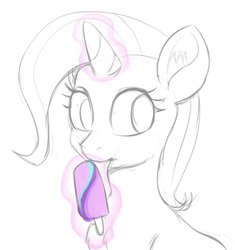 Size: 902x960 | Tagged: safe, artist:grissaecrim, trixie, pony, unicorn, g4, ear fluff, female, food, implied lesbian, implied shipping, implied startrix, levitation, licking, magic, partial color, popsicle, simple background, solo, telekinesis, tongue out, white background
