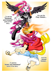 Size: 1518x2157 | Tagged: safe, artist:0ryomamikado0, pinkie pie, human, pony, comic:doki doki harmony, comic:the unexpected love life of dusk shine, g4, clothes, comic, cosplay, costume, crossover, duo, high school dxd, humanized, looking at you, monkey d. luffy, one piece