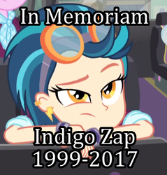 Size: 403x422 | Tagged: safe, edit, edited screencap, screencap, indigo zap, dance magic, equestria girls, equestria girls specials, g4, bust, clothes, crystal prep academy uniform, ear piercing, earring, female, frown, goggles, harsher in hindsight, image macro, implied death, in memoriam, jewelry, looking at you, meme, piercing, portrait, rest in peace, school uniform, solo focus