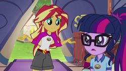 Size: 1280x720 | Tagged: safe, screencap, sci-twi, sunset shimmer, twilight sparkle, equestria girls, g4, my little pony equestria girls: legend of everfree, camp everfree outfits, clothes, glasses, open mouth, shorts, tent