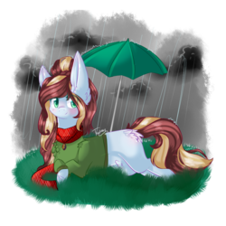 Size: 1000x1000 | Tagged: safe, artist:twinkepaint, oc, oc only, oc:gabby, earth pony, pony, clothes, female, mare, prone, rain, solo, sweater, umbrella