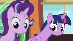 Size: 1920x1080 | Tagged: safe, screencap, starlight glimmer, twilight sparkle, alicorn, pony, unicorn, g4, the times they are a changeling, cute, duo, duo female, female, glimmerbetes, leaning, looking down, out of focus, seat, smiling, train, twiabetes, twilight sparkle (alicorn), window