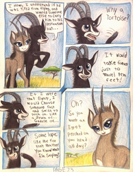 Size: 1070x1382 | Tagged: safe, artist:thefriendlyelephant, oc, oc only, oc:sabe, oc:uganda, antelope, giant sable antelope, comic:sable story, acacia tree, africa, animal in mlp form, cloven hooves, comic, dialogue, grass, horns, lidded eyes, savanna, speech bubble