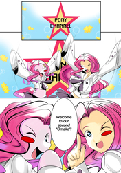 Size: 1518x2157 | Tagged: safe, artist:0ryomamikado0, pinkie pie, human, pony, comic:doki doki harmony, comic:the unexpected love life of dusk shine, g4, breasts, busty pinkie pie, clothes, comic, dialogue, human ponidox, humanized, jacket, necktie, self ponidox