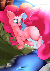 Size: 2800x4000 | Tagged: safe, artist:madacon, pinkie pie, earth pony, pony, g4, creek, female, mare, outdoors, solo, sunlight, tongue out, water