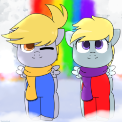Size: 2000x2000 | Tagged: safe, artist:saveraedae, chirpy hooves, crackle pop, pony, g4, rainbow falls, brother and sister, clothes, cracklebetes, cute, female, high res, looking at you, male, one eye closed, sibling bonding, snow, wink, winter