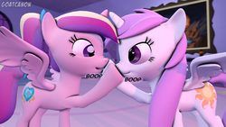Size: 3840x2160 | Tagged: safe, artist:goatcanon, princess cadance, princess celestia, alicorn, pony, g4, 3d, boop, cewestia, cute, cutedance, cutelestia, duo, female, filly, high res, mare, niece, nose wrinkle, pink mane, pink-mane celestia, source filmmaker, time paradox, young, younger