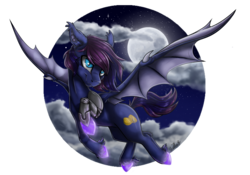 Size: 3679x2576 | Tagged: safe, artist:gaelledragons, oc, oc only, oc:bitmaker, bat pony, pony, amputee, cloud, female, flying, high res, mare, moon, prosthetic limb, prosthetics, simple background, solo, transparent background