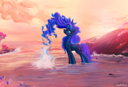 Size: 2500x1705 | Tagged: safe, artist:1deathpony1, artist:kp-shadowsquirrel, color edit, edit, princess luna, alicorn, pony, g4, color porn, colored, ethereal mane, female, solo, splash, water