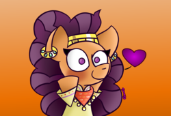 Size: 1090x740 | Tagged: safe, artist:snakeythingy, derpibooru exclusive, saffron masala, pony, unicorn, g4, blushing, drawing error, ear piercing, earring, female, gradient background, heart, jewelry, looking at you, missing horn, piercing, smiling, solo