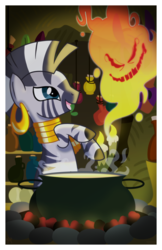 Size: 1024x1583 | Tagged: safe, artist:kazziepones, zecora, ghost, zebra, g4, cauldron, female, pot, smiling, solo, spirit, zecora's hut