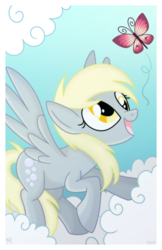 Size: 1024x1583 | Tagged: safe, artist:kazziepones, derpy hooves, butterfly, pegasus, pony, g4, cloud, female, smiling, solo