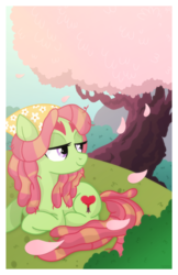 Size: 1024x1583 | Tagged: safe, artist:kazziepones, tree hugger, earth pony, pony, g4, female, grass, lidded eyes, looking back, mare, outdoors, prone, smiling, solo, tree